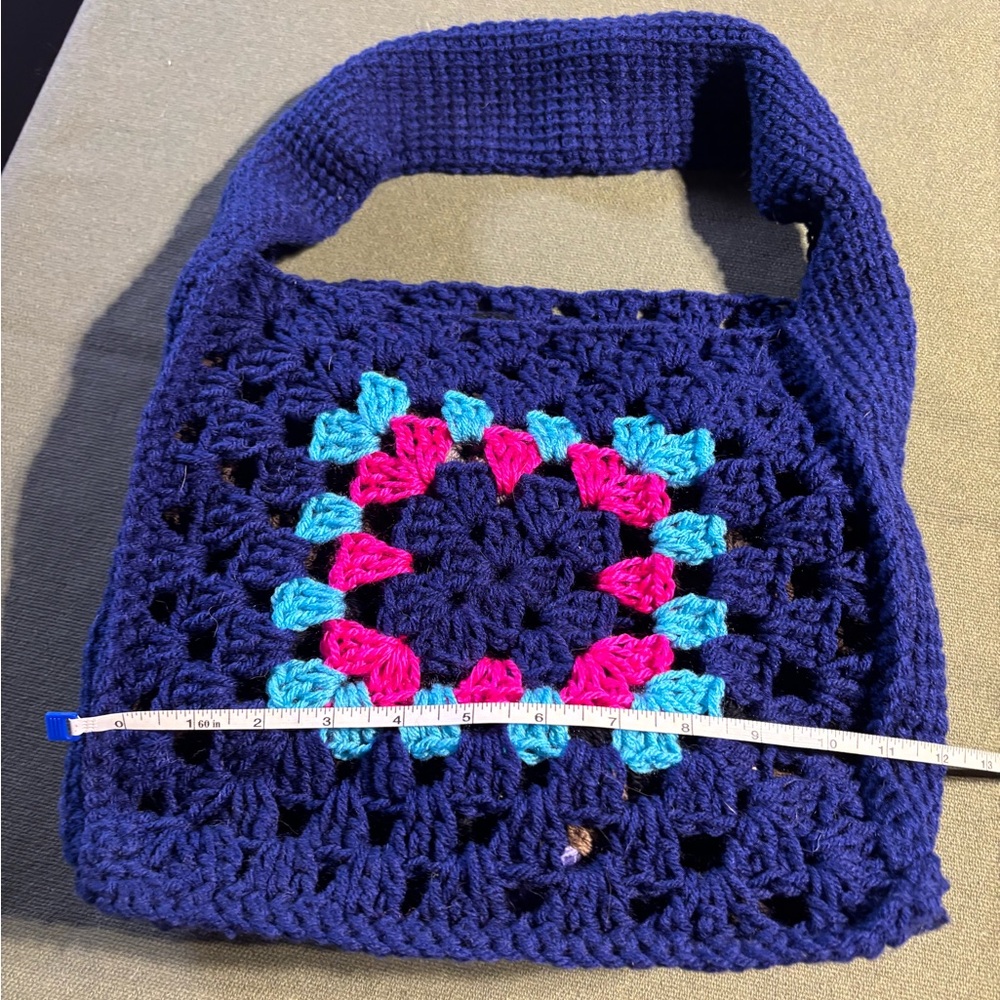 Blue and Pink Crochet Shoulder Bag with Granny Square Design